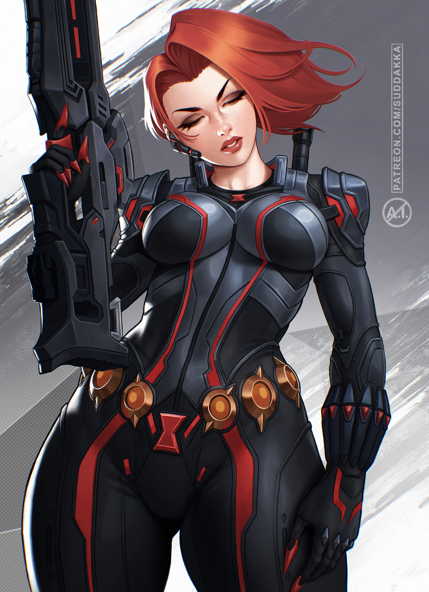 1girl black_bodysuit black_widow bodysuit breasts closed_eyes commentary english_commentary freckles gun highres holding holding_gun holding_weapon marvel marvel_rivals medium_breasts natasha_romanoff parted_lips red_hair solo suddakka superhero_costume watermark weapon web_address