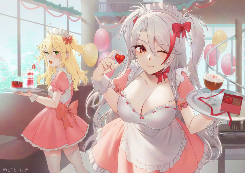 2girls admiral_hipper_(azur_lane) alternate_costume azur_lane balloon blonde_hair breasts cafe chair cleavage dress green_eyes highres holding holding_tray indoors large_breasts long_hair looking_at_viewer maitei_roppa multicolored_hair multiple_girls one_eye_closed orange_eyes pink_dress prinz_eugen_(azur_lane) puffy_short_sleeves puffy_sleeves red_hair short_sleeves siblings sisters streaked_hair thighhighs tray two-tone_hair valentine waitress white_hair white_thighhighs zettai_ryouiki