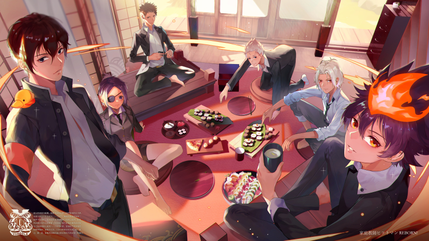 1girl absurdres bird black_hair breasts brown_eyes brown_hair chrome_dokuro closed_mouth eyepatch food formal_clothes gokudera_hayato hibari_kyouya hibird highres katekyo_hitman_reborn! looking_at_viewer multiple_boys open_mouth purple_eyes purple_hair sasagawa_ryohei sawada_tsunayoshi shirt short_hair smile suit yamamoto_takeshi