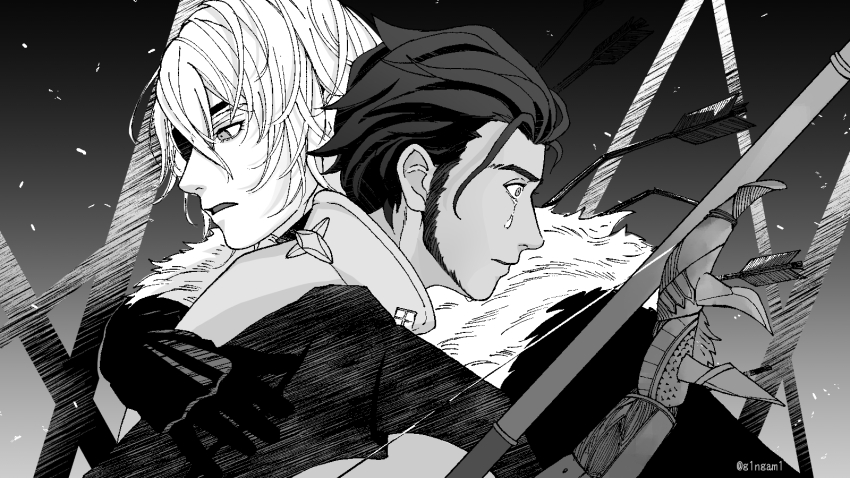 2boys arm_around_back armor arrow_(projectile) bow_(weapon) cape claude_von_riegan claude_von_riegan_(timeskip) closed_mouth commentary_request crying crying_with_eyes_open dimitri_alexandre_blaiddyd dimitri_alexandre_blaiddyd_(timeskip) eyepatch facial_hair failnaught_(fire_emblem) fire_emblem fire_emblem:_three_houses fur_trim g1ngam1 greyscale hair_between_eyes hair_slicked_back highres looking_ahead male_focus monochrome multiple_boys nintendo one_eye_covered open_mouth ornate_weapon polearm tears twitter_username upper_body weapon