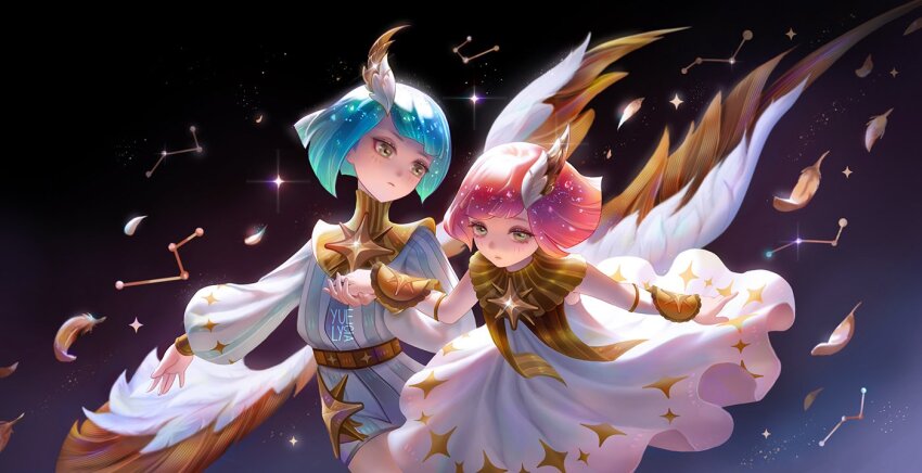 1boy 1girl afk_(series) afk_journey artist_logo backlighting blue_hair blunt_bangs blunt_ends bob_cut brother_and_sister brown_eyes closed_mouth compass_rose constellation cowboy_shot dress elijah_(afk) expressionless eyelashes falling_feathers feathered_wings feathers flying four-pointed_star gold_bracer gold_trim gorget gradient_clothes gradient_dress head_wings holding_hands lailah_(afk) logo long_sleeves looking_ahead looking_at_another night night_sky octagram outdoors pink_dress pink_hair puffy_sleeves shirt short_hair short_shorts shorts siblings single_head_wing sky sleeveless sleeveless_dress star_(sky) star_(symbol) star_print starry_sky stole striped_clothes striped_shirt striped_shorts twins vertical-striped_clothes vertical-striped_shirt vertical-striped_shorts white_dress white_shirt white_shorts wings yuelycia
