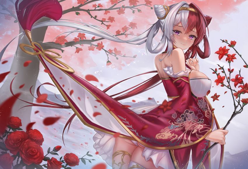 1girl absurdres azur_lane bare_shoulders branch breasts chao_ho_(azur_lane) chinese_commentary commentary_request cone_hair_bun double_bun dutch_angle floral_print flower from_behind gold_trim hair_bun highres holding holding_branch large_breasts long_sleeves looking_at_viewer looking_back multicolored_hair neet_kuu panties pantyshot purple_eyes red_flower red_hair red_petals red_rose rose skirt solo split-color_hair tears thighhighs two-tone_hair underwear variant_set white_hair white_panties white_skirt white_thighhighs wide_sleeves