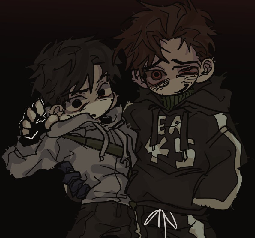 2boys absurdres afraid_of_monsters bag bags_under_eyes black_background black_gloves black_hair black_hoodie bloodshot_eyes brown_hair chibi chibi_only confused cowboy_shot cry_of_fear david_leatherhoff fingerless_gloves forced_smile gloves half-closed_eye hand_in_pocket hand_on_another&#039;s_back highres holding_another&#039;s_waist hood hoodie ju-san looking_at_viewer male_focus messy_hair multiple_boys outstretched_arm print_hoodie red_eyes short_hair shoulder_bag simon_henriksson turtleneck
