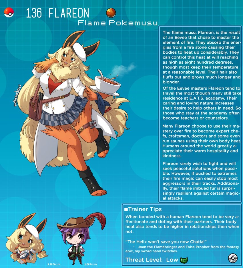 1girl animal_ears bag character_profile clothes english_text flareon food gen_1_pokemon highres kinkymation long_hair monster_girl nintendo personification pokemon soup tagme very_long_hair