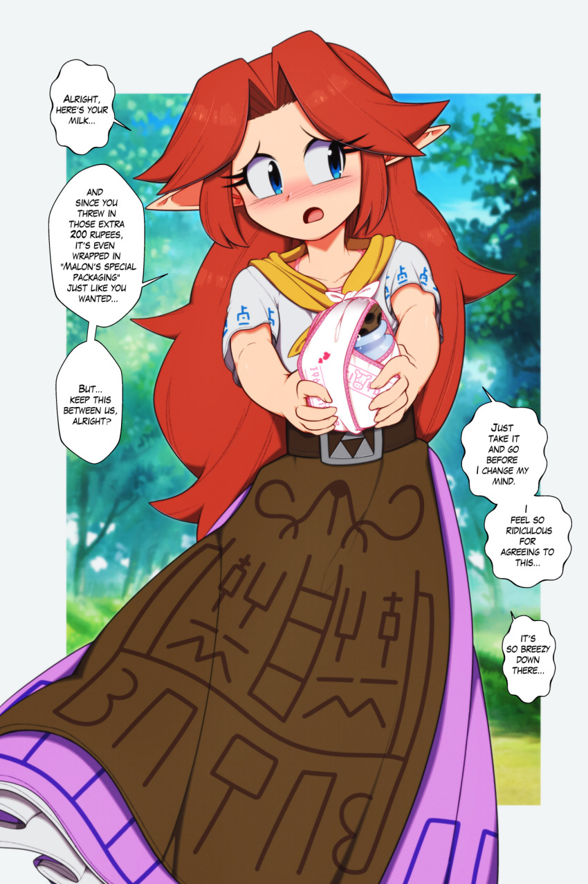 dress embarrassed euf-dreamer glass_bottle highres lon_lon_milk malon nintendo panties print_panties red_hair the_legend_of_zelda the_legend_of_zelda:_ocarina_of_time underwear