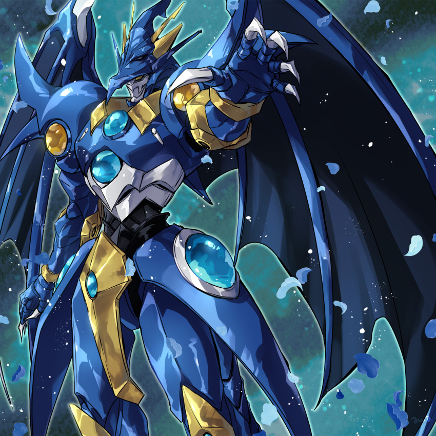 arm_at_side awayuki_ramika ceres_(rayearth) claws commentary_request dragon_wings feet_out_of_frame highres magic_knight_rayearth mashin mecha mecha_focus no_humans outstretched_arm robot solo standing super_robot wings yellow_eyes