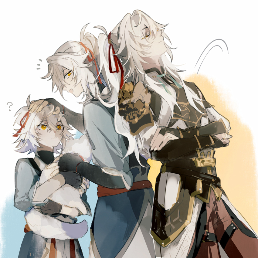 ? aged_down alternate_costume animal cat child chinese_clothes crossed_arms hair_between_eyes hair_over_one_eye highres holding holding_animal honkai:_star_rail honkai_(series) jing_yuan long_hair male_focus mississipping pants ponytail red_ribbon ribbon white_hair yellow_eyes