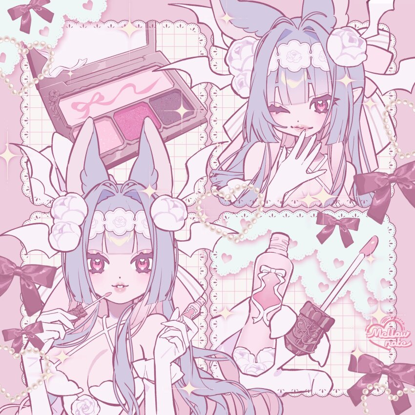 1girl animal_ears artist_name bow breasts closed_mouth collarbone dot_nose eyelashes fingernails flower flower_hairband gem hair_intakes hairband head_wings highres holding indie_virtual_youtuber lips looking_at_viewer makeup medium_breasts mellownote multiple_views one_eye_closed parted_lips pearl_(gemstone) pink_bow pink_eyes pink_flower pink_lips pink_theme pointy_ears portrait rouge_(makeup) second-party_source sidelocks square upper_body virtual_youtuber white_wings wings