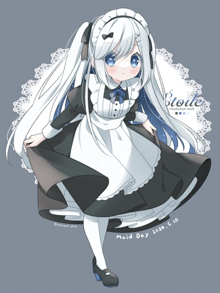 1girl :o black_bow black_dress black_shoes blue_eyes blush bow color_guide dated doily double_exposure dress full_body grey_background hair_between_eyes hair_bow highres juliet_sleeves kuzuhara_kazuya leaning_forward long_hair long_sleeves looking_at_viewer maid maid_day maid_headdress open_mouth original pantyhose petticoat pleated_dress puffy_sleeves shoes sidelocks simple_background skirt_hold solo standing star-shaped_pupils star_(symbol) symbol-shaped_pupils twintails very_long_hair white_hair white_pantyhose