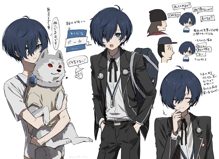 3boys animal aragaki_shinjirou bag black_hat black_jacket black_pants black_ribbon blue_eyes blue_hair closed_eyes clothed_animal collared_shirt commentary_request digital_media_player digital_walkman dog gekkoukan_high_school_uniform hair_over_one_eye hands_in_pockets hat holding holding_animal holding_dog iori_junpei jacket koromaru_(persona) long_sleeves male_focus multiple_boys multiple_views neck_ribbon open_mouth pants persona red_eyes ribbon school_bag school_uniform shirt short_sleeves simple_background smile sweat tamaon_2525 translation_request walkman_nw-s203f white_background white_shirt yuuki_makoto_(persona_3)
