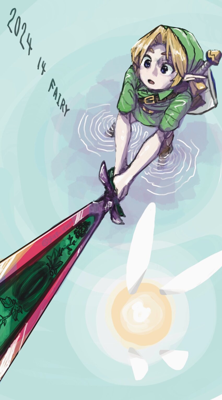 2024 absurdres blonde_hair blue_eyes boots fairy great_fairy&#039;s_sword gus_uur hat highres holding holding_sword holding_weapon kokiri_sword link nintendo open_mouth shield shield_on_back sword tatl the_legend_of_zelda the_legend_of_zelda:_majora&#039;s_mask tunic water weapon