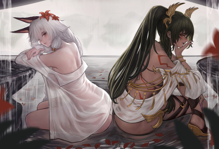 2girls absurdres animal_ears back bikini bikini_bottom_only black_bikini body_markings braid cat_ears dark-skinned_female dark_skin erune flower granblue_fantasy green_hair heles highres horus_(granblue_fantasy) long_hair multiple_girls nail_polish nikumocchi ponytail single_braid swimsuit tattoo thigh_strap very_long_hair water waterfall waterfall_shower