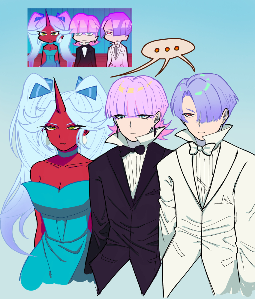 1girl 2boys blue_dress blue_hair brothers commentary cosplay demon_girl dress english_commentary expressionless formal_clothes highres kanekuripan kneesocks_(psg) long_hair multiple_boys panty_&amp;_stocking_with_garterbelt pink_hair polyester_(psg) polyurethane_(psg) purple_hair siblings stocking_(psg) stocking_(psg)_(cosplay) suit tuxedo