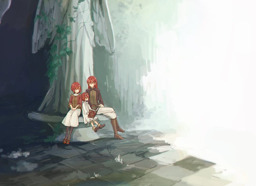 1boy 2girls brother_and_sister dress fire_emblem fire_emblem:_mystery_of_the_emblem fire_emblem_heroes gloves hairband headband long_hair maria_(fire_emblem) minerva_(fire_emblem) misheil_(fire_emblem) multiple_girls nintendo open_mouth red_eyes red_hair short_hair siblings sisters smile tnmrdgr aged_down
