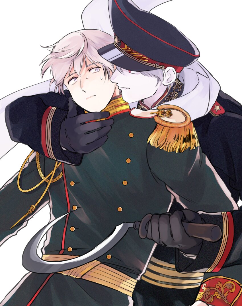 2boys absurdres axis_powers_hetalia belt black_gloves black_hat black_jacket buttons commentary_request cowboy_shot epaulettes gloves goro_nyanko green_jacket grey_hair hat hat_ornament highres holding_sickle jacket long_sleeves looking_at_another male_focus military_hat military_jacket military_uniform multiple_boys nervous prussia_(hetalia) purple_eyes red_eyes russia_(hetalia) scarf short_hair sickle simple_background smile standing star_(symbol) star_hat_ornament sweat teeth white_background white_scarf yellow_belt