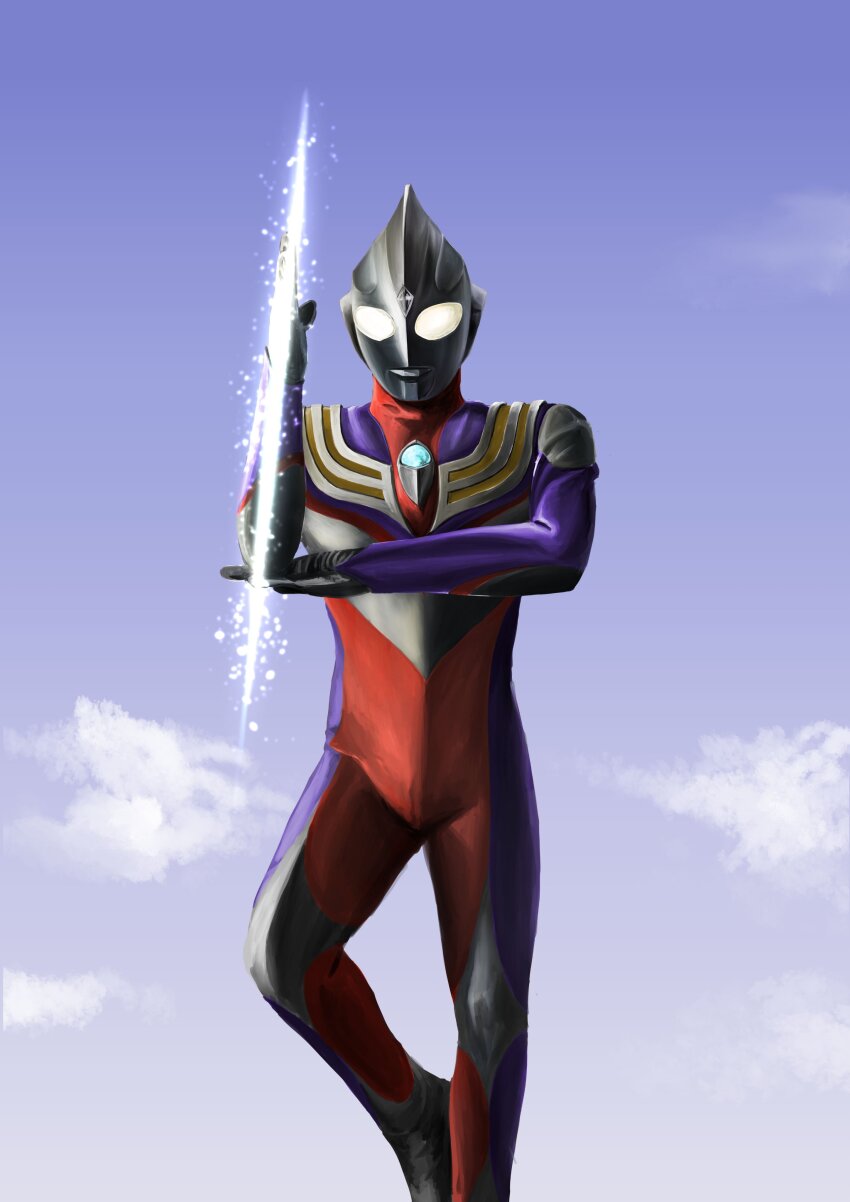 1boy absurdres alien armor battle blue_sky breastplate cloud cloudy_sky color_timer colored_skin commentary compound_eyes dorsal_fin energy feet_out_of_frame forehead_jewel gattyo glowing glowing_eyes hands_up highres leg_up looking_down male_focus midair multi_type_(ultra_series) multicolored_skin outdoors purple_skin red_skin silver_skin sky solo tokusatsu ultra_beam ultra_series ultraman_dyna_(series) ultraman_tiga ultraman_tiga_&amp;_ultraman_dyna:_hikari_no_hoshi_no_senshi-tachi ultraman_tiga_(multi_type) ultraman_tiga_(series) white_eyes wrinkled_skin