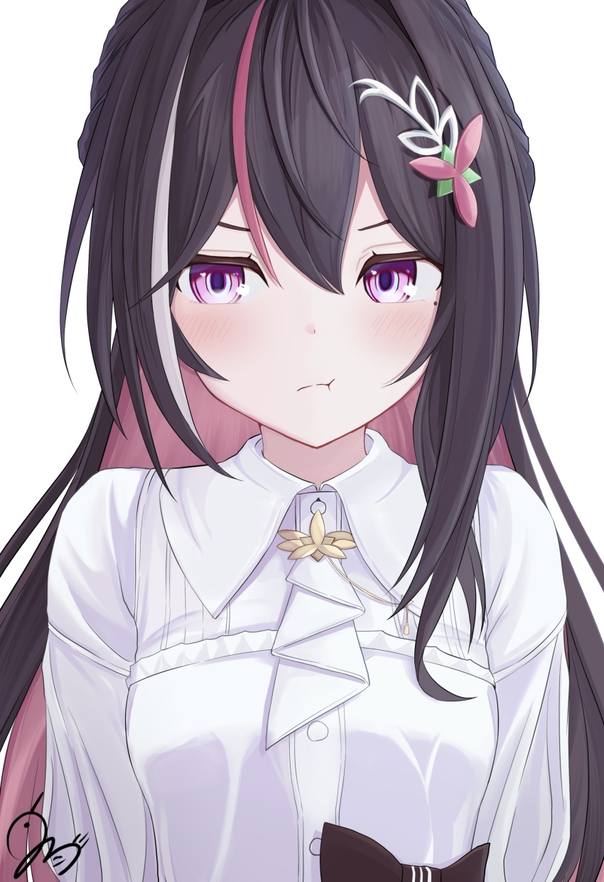 1girl :t absurdres ascot averting_eyes azki_(4th_costume)_(hololive) azki_(hololive) black_hair blush collared_dress colored_inner_hair commentary_request double-parted_bangs dress facing_viewer hair_between_eyes hair_ornament hairclip half_updo highres hishaku_(7stel2ar) hololive long_hair long_sleeves mole mole_under_eye multicolored_hair official_alternate_costume pink_hair pout purple_eyes solo streaked_hair upper_body very_long_hair virtual_youtuber white_ascot white_dress white_hair