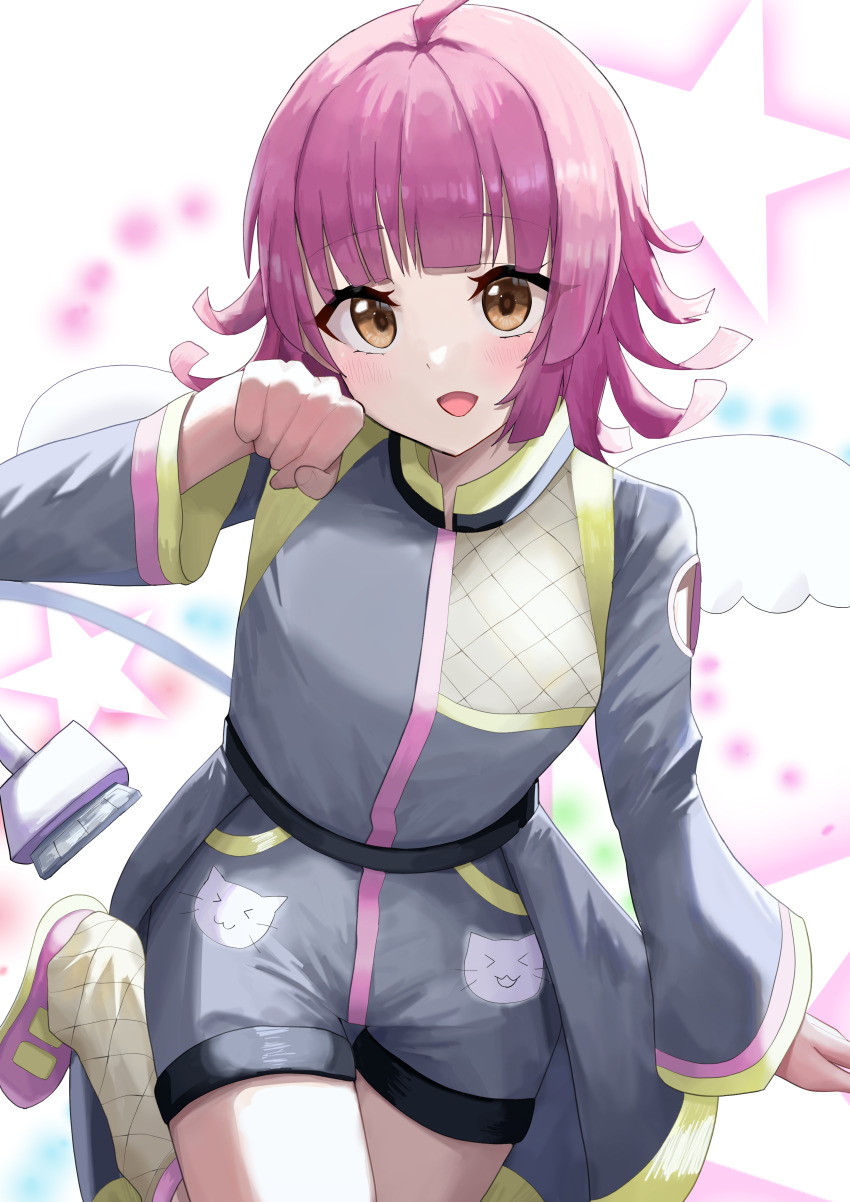 1girl :d absurdres ahoge blunt_bangs blunt_ends blush breasts brown_eyes chideno commentary cowboy_shot grey_jumpsuit highres jumpsuit kishimen_hair leg_up leg_warmers long_sleeves looking_at_viewer love_live! love_live!_nijigasaki_high_school_idol_club medium_breasts medium_hair official_alternate_costume open_mouth paw_pose pink_hair pink_shoes shoes short_jumpsuit smile solo star_(symbol) tennoji_rina tsunagaru_connect_(love_live!) white_background yellow_leg_warmers