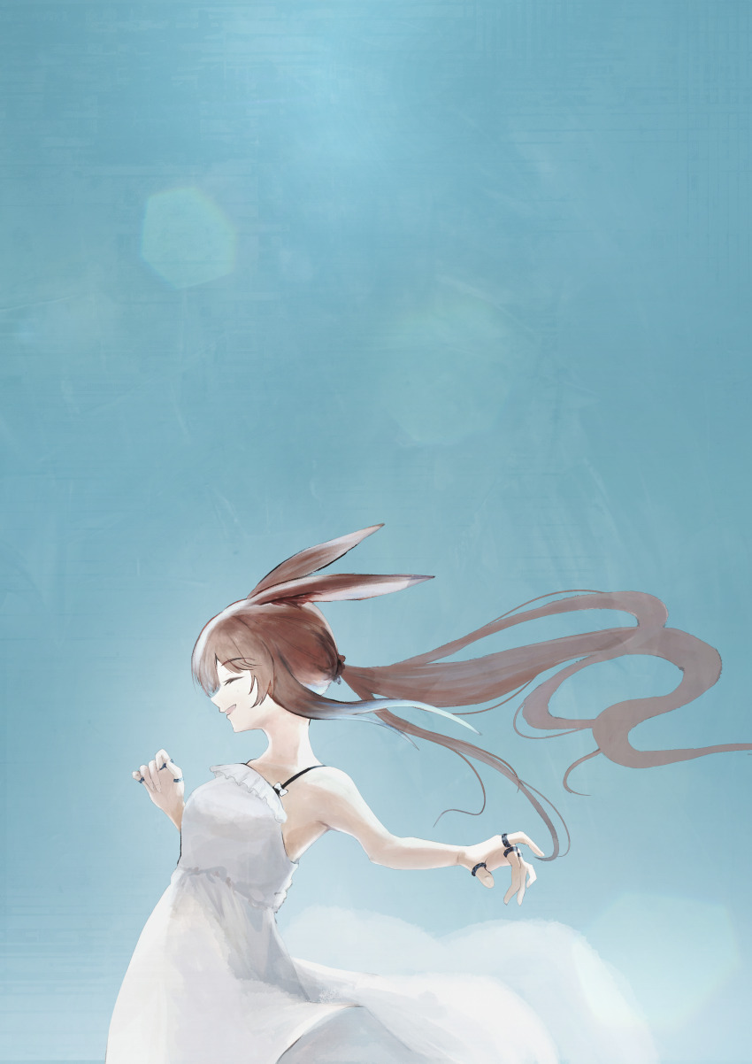 1girl :d ^_^ absurdres amiya_(arknights) animal_ears arknights bare_arms bare_shoulders blue_sky brown_hair closed_eyes commentary day dress english_commentary fingernails from_side hair_tie highres jewelry long_hair multiple_rings non-circular_lens_flare open_mouth outdoors profile ring sky smile solo spaghetti_strap unknown_(riseillustrator) white_dress