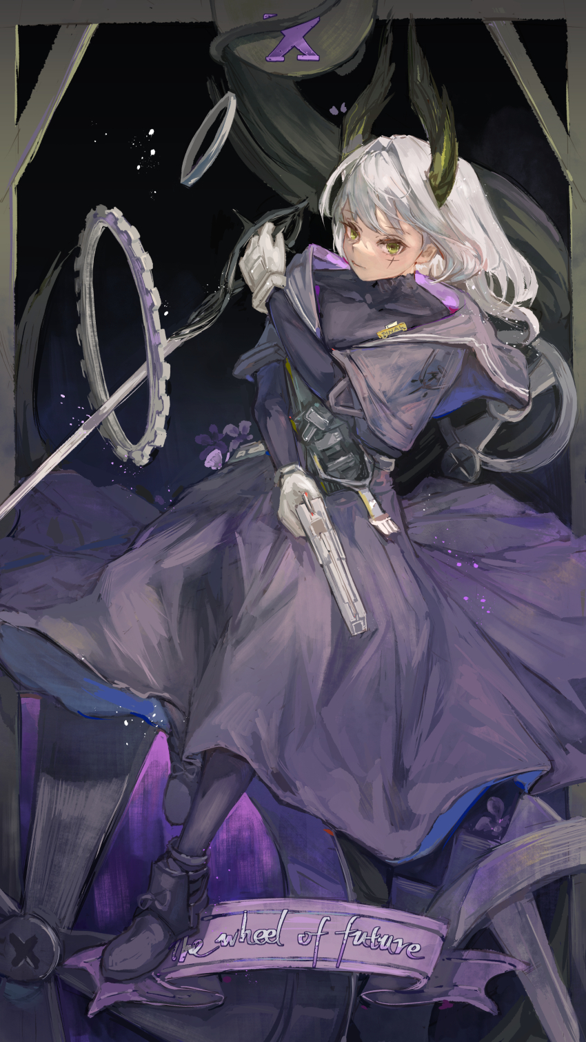 1girl absurdres arknights closed_mouth coat commentary cross_scar english_commentary full_body gloves green_eyes grey_hair hair_intakes head_wings highres holding holding_sword holding_weapon irene_(arknights) irene_(the_adjudicatrix_and_her_resolve)_(arknights) karenncat long_hair looking_at_viewer official_alternate_costume purple_coat scar scar_across_eye scar_on_face solo sword tarot turtleneck weapon wheel_of_fortune_(tarot) white_gloves wings