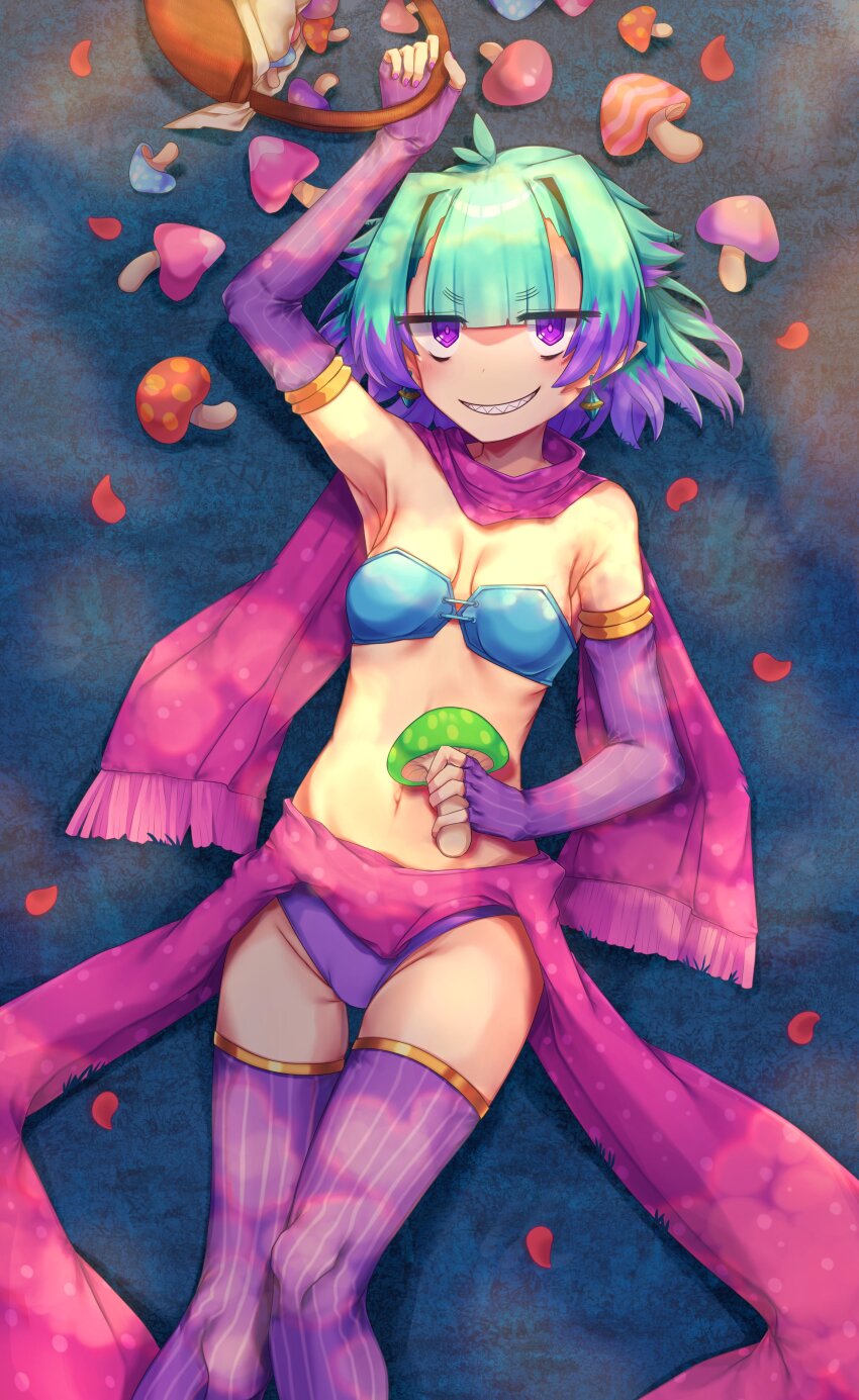1girl absurdres basket blush breasts commentary_request earrings elbow_gloves fate/grand_order fate_(series) fingerless_gloves gloves green_hair highres holding holding_basket holding_mushroom jewelry kibinago_(kibinago614) locusta_(fate) locusta_(third_ascension)_(fate) looking_at_viewer multicolored_hair mushroom navel on_ground petals pointy_ears purple_eyes purple_gloves purple_hair purple_scarf scarf sharp_teeth short_hair small_breasts smile solo teeth two-tone_hair
