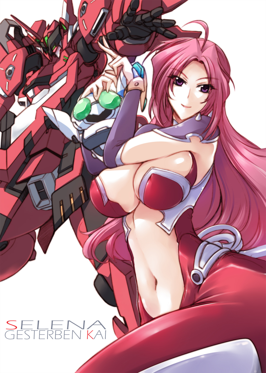 1girl ahoge breasts character_name elma gesterben_kai haganef highres large_breasts long_hair mecha navel outstretched_arm pink_hair purple_eyes robot selena_recital simple_background smile super_robot_wars super_robot_wars_og_dark_prison super_robot_wars_original_generation white_background