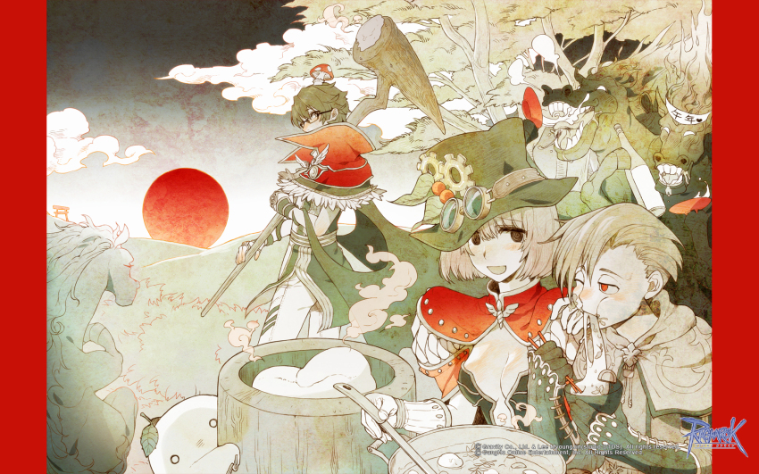 1girl 2boys :d @_@ alcohol asymmetrical_bangs black_dress black_gloves black_hat black_wings blush bottle bowl breasts brown_eyes bush cape capelet cleavage copyright_notice creator_(ragnarok_online) cup doppelganger_(ragnarok_online) dress eating fingerless_gloves food fur-trimmed_capelet fur_trim gear_hat_ornament glasses gloves goggles goggles_on_head grey_capelet guest_art hat hat_ornament high_collar high_wizard_(ragnarok_online) highres holding holding_staff horse leaf leaf_on_head limited_palette logo looking_at_another looking_to_the_side medium_breasts mochi multiple_boys nightmare_(ragnarok_online) official_art official_wallpaper one_eye_closed open_mouth pants ragnarok_online red_cape red_capelet red_eyes red_sun red_theme sakazuki sake sake_bottle short_hair smile soup staff sunrise swordsman_(ragnarok_online) tokiwa_tsuneba top_hat torii tree upper_body white_gloves white_pants wings worried zouni_soup