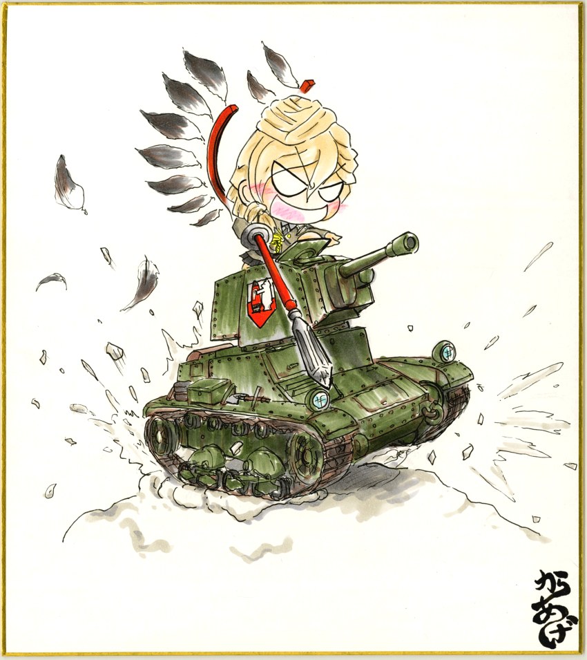 10s 1girl 7tp absurdres artist_name blank_eyes blonde_hair braid brown_jacket caterpillar_tracks commentary_request emblem feathers fourragere friedchicken girls_und_panzer girls_und_panzer_ribbon_no_musha hair_bun highres jacket jajka_(girls_und_panzer) lance long_hair long_sleeves military military_vehicle motor_vehicle necktie polearm shikishi single_hair_bun tank uniform weapon winged_hussar wojtek