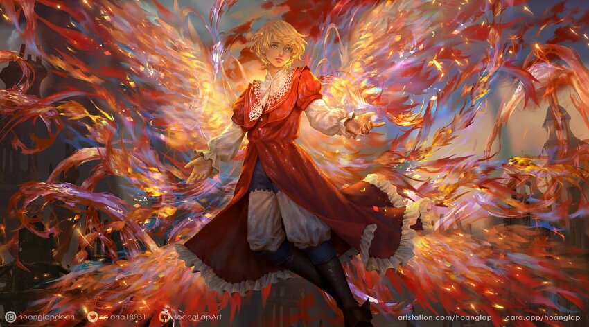 1boy bird blonde_hair blue_eyes child feathered_wings feathers final_fantasy final_fantasy_xvi fire glowing joshua_rosfield male_focus phoenix phoenix_(final_fantasy) puffy_sleeves red_robe robe short_hair solan solo transformation wings