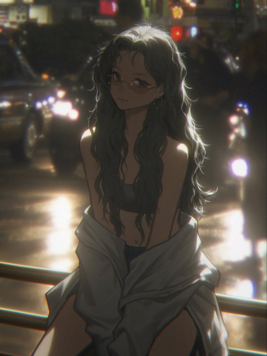 1girl car crosswalk crowd glasses green_hair highres jacket jacket_partially_removed long_hair looking_at_viewer motor_vehicle navel neon_lights night on_railing original photo_background railing traffic wang-xi