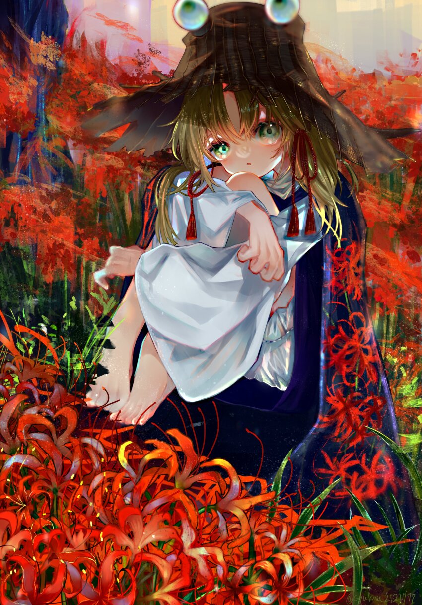1girl absurdres barefoot blonde_hair bloomers commentary_request dress expressionless flower full_body green_eyes hair_ribbon hat highres hugging_own_legs long_hair long_sleeves looking_at_viewer moriya_suwako open_mouth painterly parted_bangs pinafore_dress purple_dress red_flower red_ribbon ribbon shirt sleeveless sleeveless_dress solo spider_lily syukou touhou underwear white_bloomers white_shirt