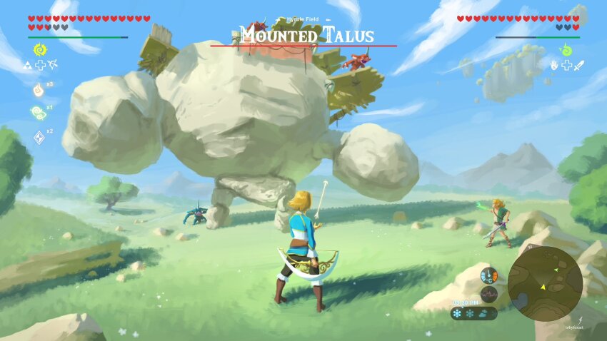 1boy 1girl alternate_universe arrow_(projectile) artist_logo battle blonde_hair blue_sky bokoblin boots bow_(weapon) cloud fake_screenshot field floating_island from_behind gameplay_mechanics heads-up_display health_bar heart highres link logo minimap nintendo princess_zelda short_hair sky stone_talus sword the_legend_of_zelda the_legend_of_zelda:_tears_of_the_kingdom tobyfoxart tree user_interface weapon