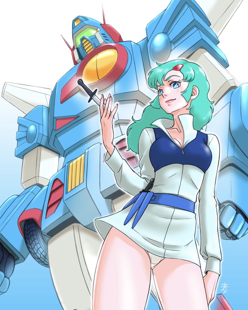 1girl absurdres aobito_sukoyaka_bystander belt blue_eyes breasts elchi_cargo green_hair hair_ornament hairclip highres holding holding_knife knife long_hair long_sleeves mecha panties robot sentou_mecha_xabungle small_breasts solo standing underwear white_panties xabungle_(mecha)