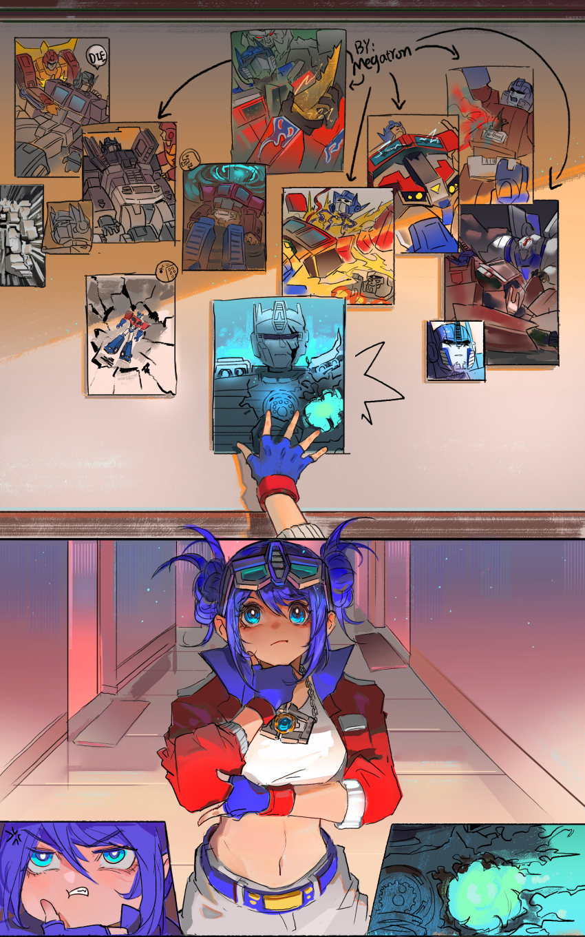 1girl absurdres arm_cannon autobot blue_eyes breasts cannon decepticon glowing glowing_eyes highres holding humanization insignia kotobukiya_bishoujo matrix_of_leadership mecha megatron multiple_boys namikaze_(dobbyka) open_mouth optimus_prime optimus_prime_(kotobukiya_bishoujo) red_eyes robot science_fiction smile transformers transformers_(live_action) transformers_one weapon