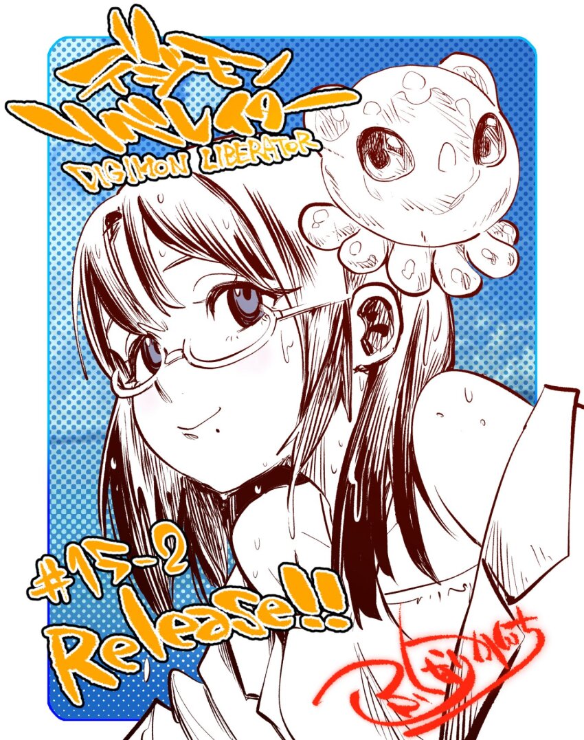 1girl blue_background copyright_name digimon digimon_(creature) digimon_card_game digimon_liberator fukunari_kanchi greyscale_with_colored_background highres polka_dot polka_dot_background puyoyomon release_celebration signature upper_body yao_qinglan