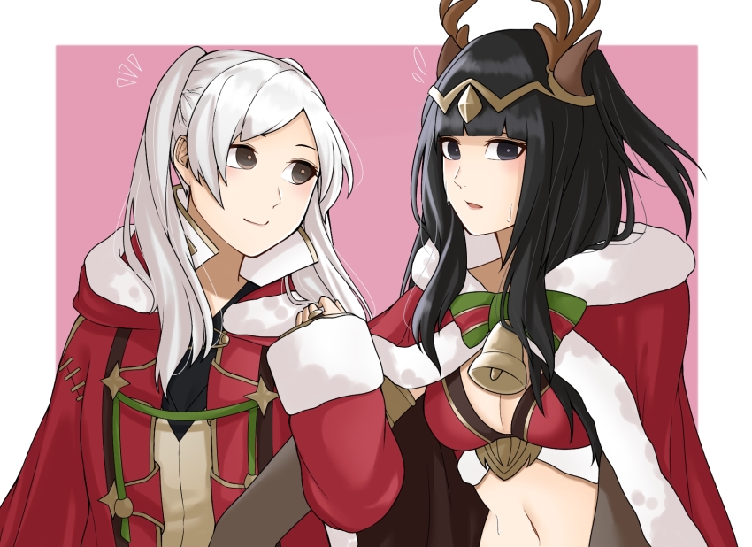 2girls adapted_costume antler_ornament ao_saryaruhu arm_at_side black_eyes black_hair blush breasts cleavage coat elbow_gloves embarrassed eyelashes fake_horns female_focus female_robin_(fire_emblem) fire_emblem fire_emblem_awakening fire_emblem_heroes flying_sweatdrops gloves grabbing_another&#039;s_arm hand_up highres hime_cut hood hooded_coat horns intelligent_systems large_breasts long_hair long_sleeves looking_at_another looking_at_viewer matching_hair/eyes medium_breasts multiple_girls neck nervous nintendo open_mouth santa_costume short_twintails sidelocks smile standing sweat swept_bangs tharja_(&quot;normal_girl&quot;)_(fire_emblem) tharja_(fire_emblem) tiara twintails upper_body white_hair