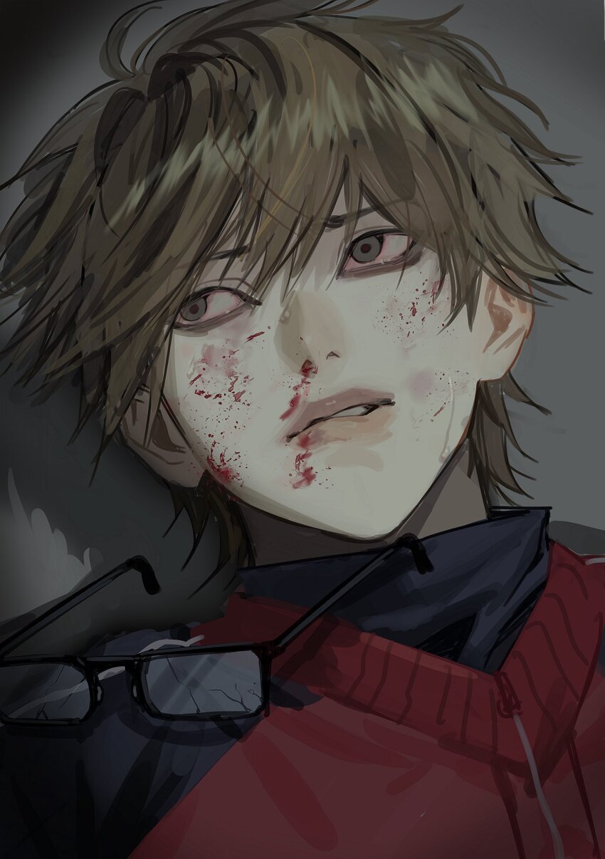 1boy ace_of_diamond black-framed_eyewear blood blood_on_face broken_eyewear brown_hair eoseo88 glasses grey_background high_collar highres lips looking_to_the_side male_focus miyuki_kazuya nosebleed portrait rectangular_eyewear shadow short_hair solo teeth