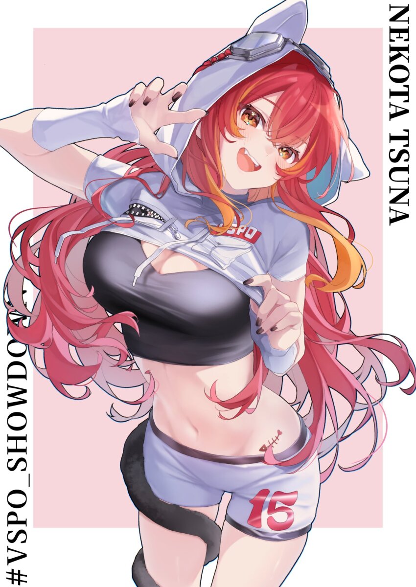1girl animal_hood arm_up arm_warmers black_nails black_shirt blush border breasts cat_hood cat_tail character_name claw_pose cleavage clothes_lift commentary_request cowboy_shot crop_top cropped_jacket crossed_bangs fang fish_skeleton hashtag head_tilt highres hood hooded_jacket jacket jacket_lift large_breasts long_hair looking_at_viewer multicolored_hair nail_polish navel nekota_tsuna number_print official_alternate_costume open_mouth orange_eyes orange_hair outside_border pink_background print_shorts red_hair shirt shorts simple_background smile solo stomach tail tail_around_own_leg tattoo teeth tongue two-tone_hair upper_teeth_only val_yoduki virtual_youtuber vspo! white_border white_jacket white_shorts zipper