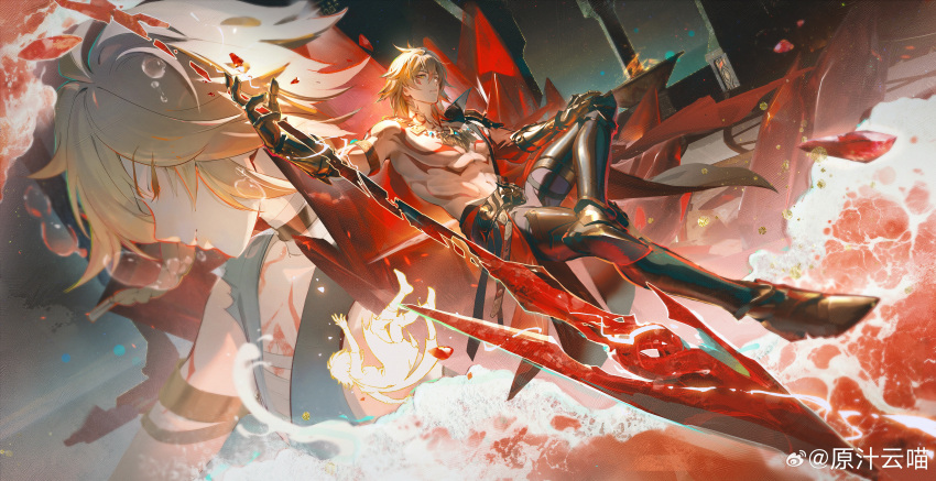 1boy absurdres armlet armor bare_pectorals black_coat blonde_hair braid chest_tattoo chinese_commentary coat commentary_request crystal earrings facial_tattoo gold_armlet gold_earrings gold_necklace gradient_hair hair_between_eyes highres holding holding_polearm holding_weapon honkai:_star_rail honkai_(series) jewelry liquid_gold male_focus medium_hair multicolored_hair multiple_views mydei_(honkai:_star_rail) necklace open_clothes open_coat pauldrons pectorals polearm red_hair red_tattoo shoulder_armor side_braid single_pauldron tattoo toned toned_male watermark weapon weibo_watermark yellow_eyes yunmaojan