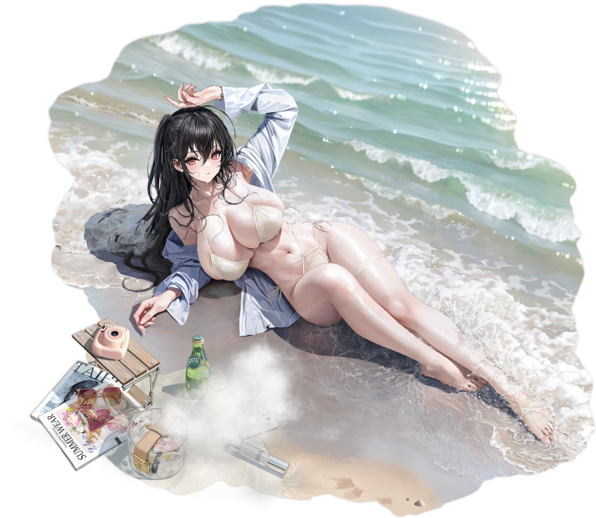 1girl ahoge arm_up azur_lane bare_shoulders barefoot beach bikini black_hair blush bottle breasts cellphone cleavage collarbone feet full_body hair_between_eyes highres huge_breasts iphone legs long_hair long_sleeves looking_at_viewer lying messy_hair navel non-web_source ocean off_shoulder official_alternate_costume official_art on_back one_side_up open_clothes open_shirt outdoors phone red_eyes sand shirt side-tie_bikini_bottom sideboob skindentation smartphone stomach string_bikini surcouf_(azur_lane) surcouf_(loisirs_balneaires)_(azur_lane) swimsuit taihou_(azur_lane) taihou_(seaside_daydreams)_(azur_lane) thigh_strap thighs toes tree very_long_hair water wet wet_clothes wet_shirt white_bikini white_shirt yunsang