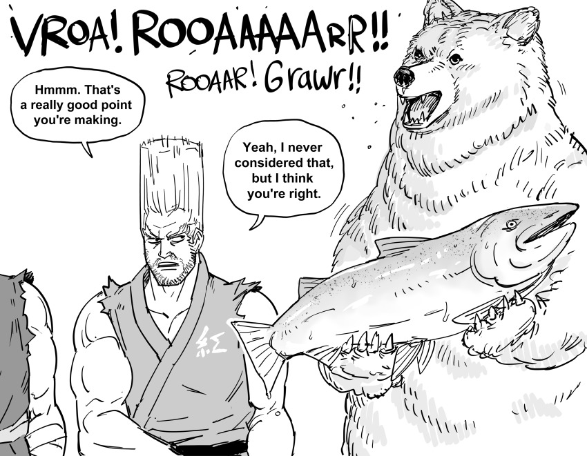1boy absurdres bb_(baalbuddy) bear character_request dougi english_text facial_hair greyscale highres kuma_(tekken) mishima_heihachi monochrome muscular muscular_male out_of_frame paul_phoenix salmon speech_bubble stubble tekken