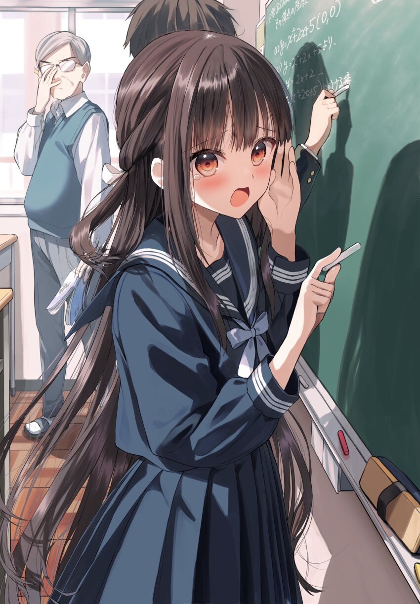 1girl 2boys blue_sailor_collar blue_serafuku blue_shirt blue_skirt board_eraser brown_eyes brown_hair chalk chalkboard commentary_request day desk glasses glint grey_hair grey_shirt highres indoors long_hair looking_at_viewer multiple_boys opaque_glasses original osana_naruka pentagon_(railgun_ky1206) pleated_skirt sailor_collar school_desk school_uniform serafuku shirt skirt solo_focus standing sweater_vest tears very_long_hair white_shirt window wooden_floor
