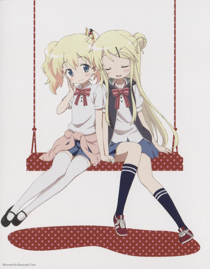 2girls alice_cartelet artist_name black_hoodie black_shoes blonde_hair blue_eyes blue_socks blush cardigan cardigan_around_waist closed_eyes closed_mouth clothes_around_waist collared_shirt full_body hair_bun hand_on_own_cheek hand_on_own_face highres hood hood_down hoodie kin-iro_mosaic kujou_karen long_hair moegi_high_school_uniform multiple_girls non-web_source official_art open_clothes open_hoodie open_mouth pink_cardigan red_shoes scan school_uniform shirt shoes short_sleeves single_hair_bun sitting smile socks summer_uniform thighhighs twintails u_u ueta_kazuyuki white_shirt white_thighhighs