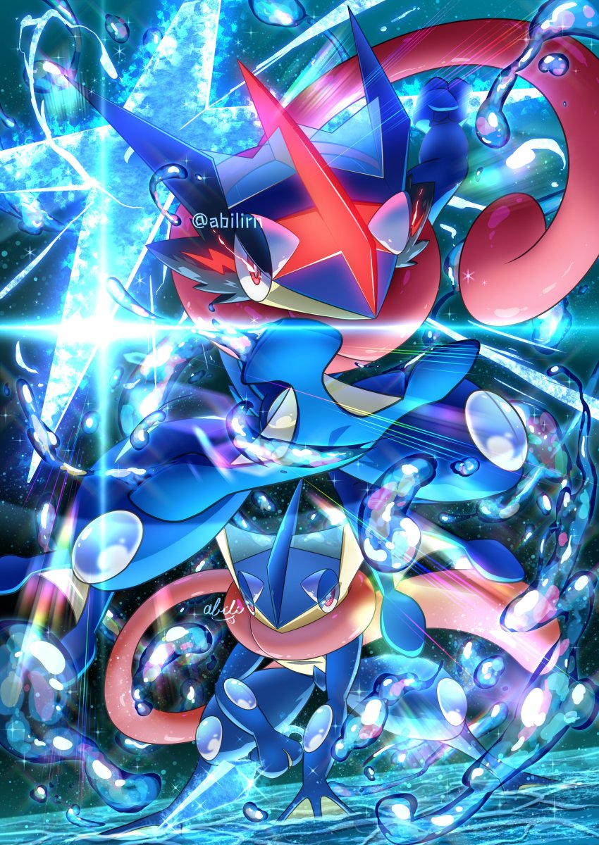 absurdres ash-greninja bright_pupils commentary_request eye_trail gen_6_pokemon glowing glowing_eyes greninja highres legs_apart light_trail nintendo pink_eyes pokemer pokemon pokemon_(creature) red_eyes shuriken squatting water water_drop weapon white_pupils