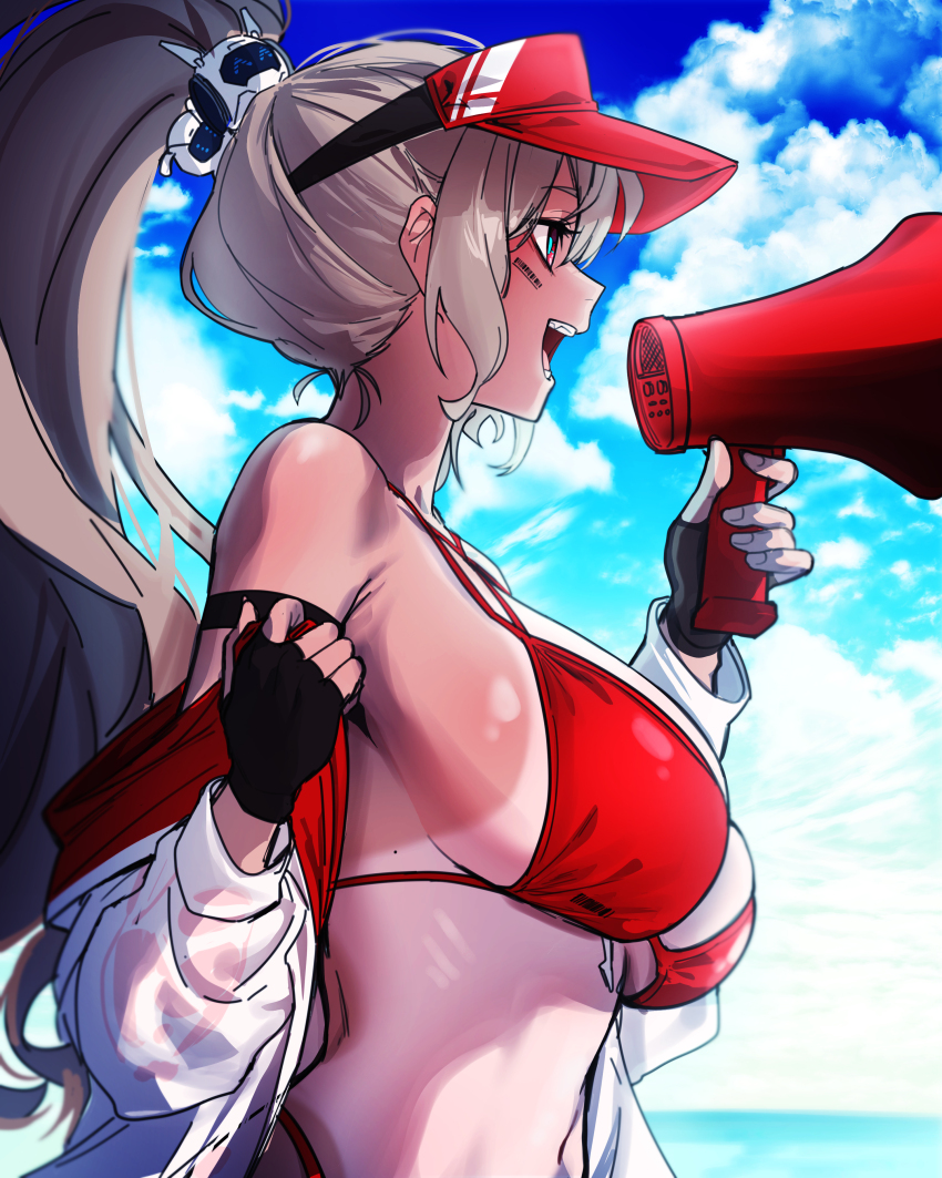 1girl absurdres barcode barcode_tattoo bikini black_gloves blue_sky blush breasts cloud commentary_request day dungeon_and_fighter ella_(dungeon_and_fighter) facial_tattoo fingerless_gloves from_side gloves grey_hair hair_ornament hand_up hat highres holding holding_megaphone horizon jacket jacket_partially_removed korean_commentary large_breasts lifeguard long_hair long_sleeves looking_ahead megaphone navel ocean open_mouth outdoors ponytail red_bikini red_hat roan_green sidelocks sky solo swimsuit tan tanline tattoo upper_body visor_cap white_jacket
