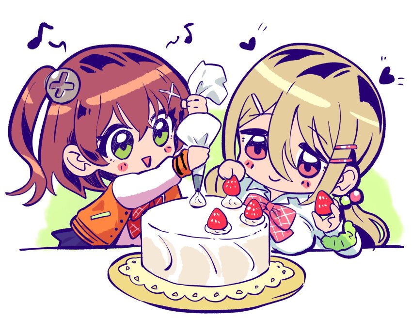 2girls :d birthday_cake blonde_hair blush bow brown_hair cake chibi cream decorating denonbu food fruit green_eyes hair_between_eyes hair_ornament hidaka_reina_(denonbu) highres holding holding_pastry_bag icing jacket kayano_futaba long_hair long_sleeves low_twintails multiple_girls musical_note open_clothes open_jacket open_mouth orange_jacket pastry_bag pink_eyes red_bow school_uniform scrunchie shirt short_hair side_ponytail simple_background smile strawberry twintails wanowanoji67 white_background white_shirt wrist_scrunchie