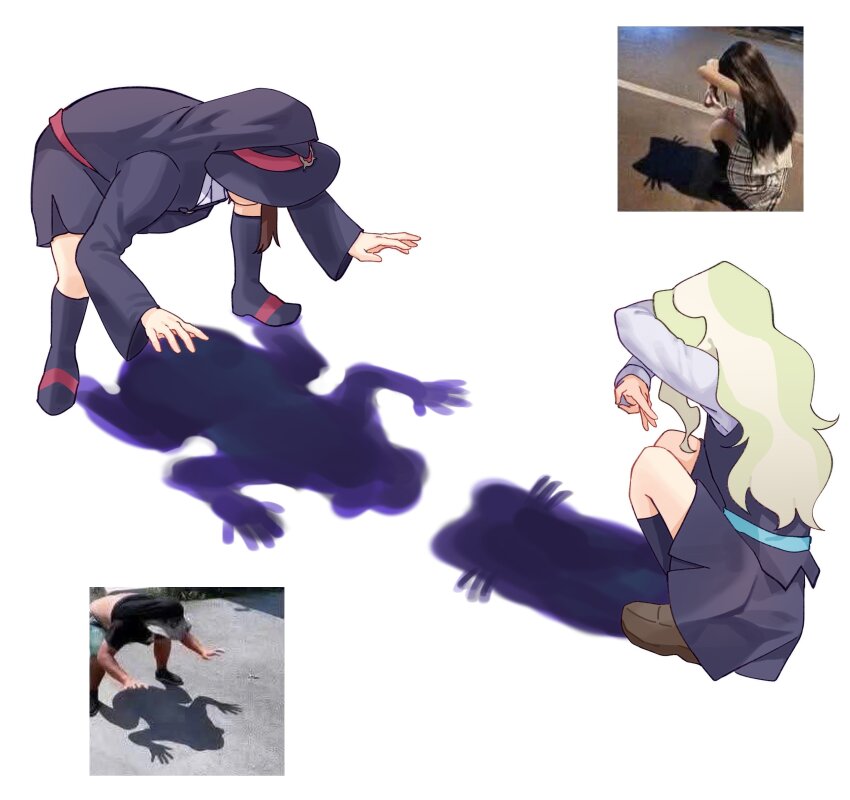 2girls absurdres blonde_hair brown_hair brown_shoes cat_shadow_puppet_(meme) diana_cavendish double_w full_body green_hair hands_up hat highres kagari_atsuko legs_apart little_witch_academia loafers long_hair long_sleeves luna_nova_school_uniform multicolored_hair multiple_girls photo-referenced photo_inset reference_inset school_uniform shoes simple_background squatting standing tiku_(ttcwf03) two-tone_hair w wavy_hair white_background witch witch_hat