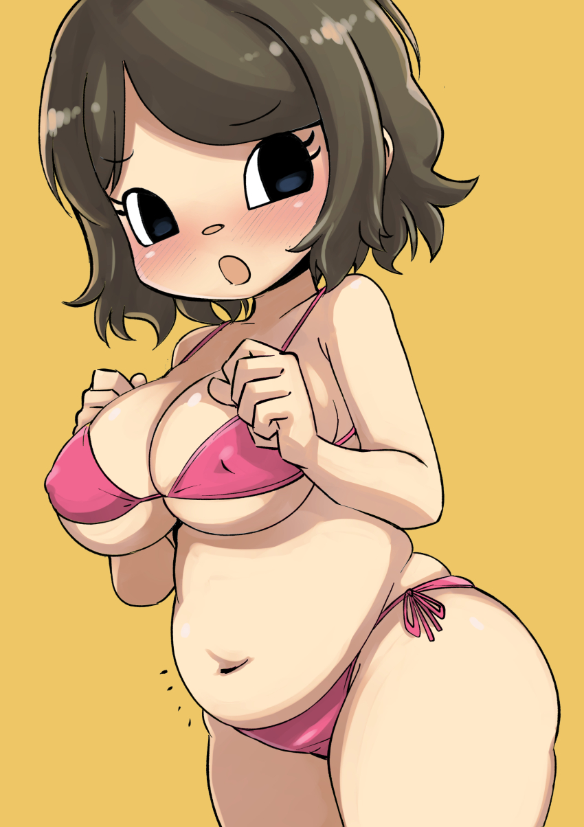 1girl animal_crossing bikini black_eyes blush breasts brown_hair cleavage collarbone covered_erect_nipples embarrassed large_breasts looking_to_the_side muramasa_mikado murana_(muramasa_mikado) nintendo open_mouth orange_background original pink_bikini plump short_hair side-tie_bikini_bottom solo standing swimsuit underboob villager_(animal_crossing)