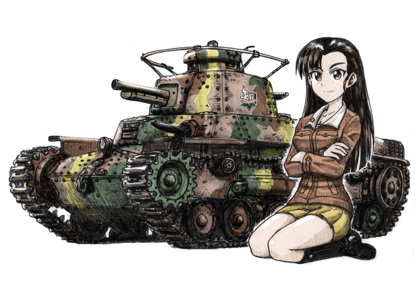 1girl black_hair camouflage chi-hatan_(emblem) chi-hatan_school_uniform crossed_arms emblem girls_und_panzer highres long_hair looking_at_viewer military military_vehicle motor_vehicle nishi_kinuyo nspa_(spa-jcs) school_uniform sitting sketch smile solo tan tank type_97_chi-ha white_background