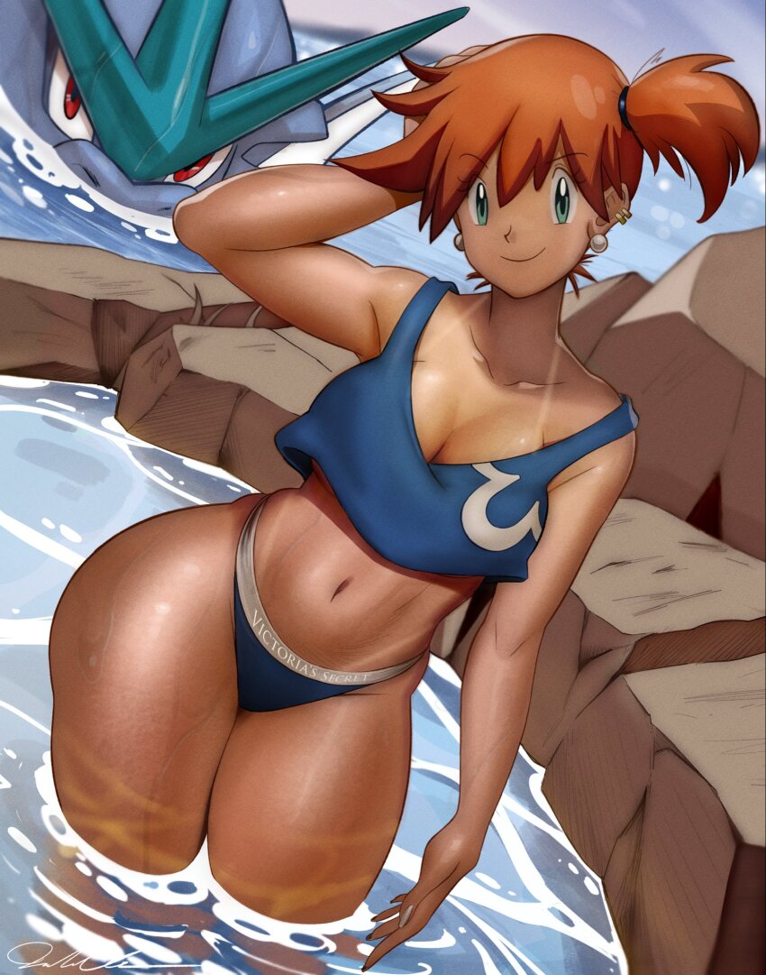 1girl arm_behind_head asymmetrical_hair bare_shoulders bikini bikini_tan blue_bikini breasts cleavage closed_mouth crop_top day denim denim_shorts earrings female_focus gen_1_pokemon green_eyes gyarados gym_leader highres jewelry large_breasts leg_tattoo looking_at_viewer midriff misty_(pokemon) navel nintendo orange_hair outdoors partially_submerged piercing pokemon pokemon_(anime) pokemon_(classic_anime) pokemon_rgby ponytail red_eyes rock shirt short_hair short_shorts shorts side_ponytail smile solo swimsuit tan tank_top tankini tanline tattoo thick_thighs thighs todd_l._milhouse toned underwear wading water